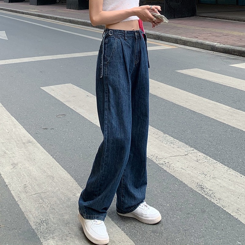 Non real shot spring and summer floor dragging jeans women's Korean high waist loose and thin versatile wide leg pants