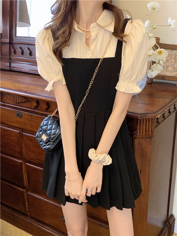 Real price! Korean bubble sleeve stitching design A-line pleated skirt women's two-piece dress