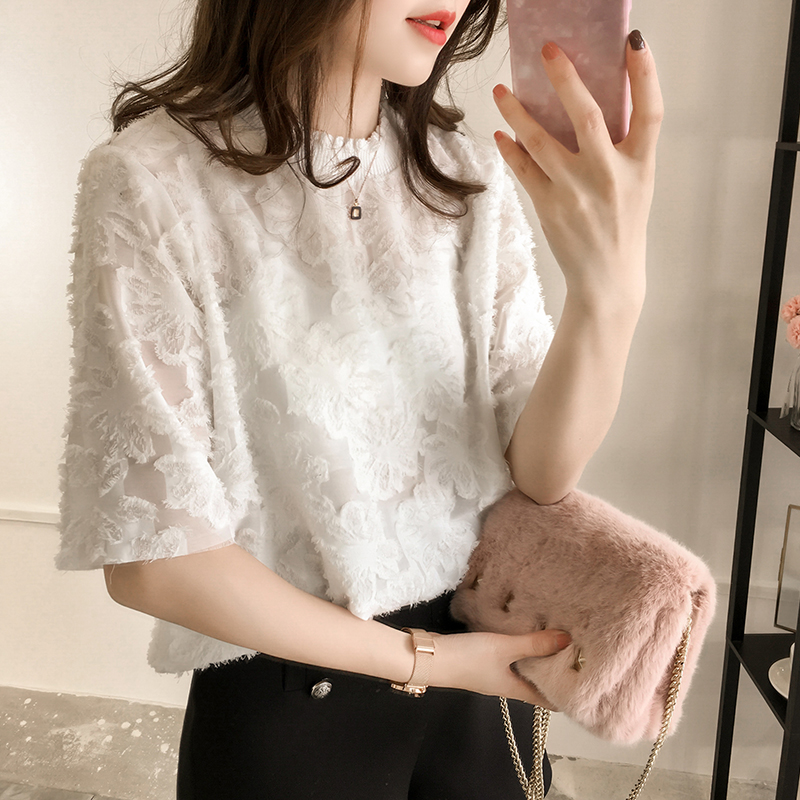 Summer new Korean style burr Flower Chiffon Blouse women's short sleeve top loose solid bottom