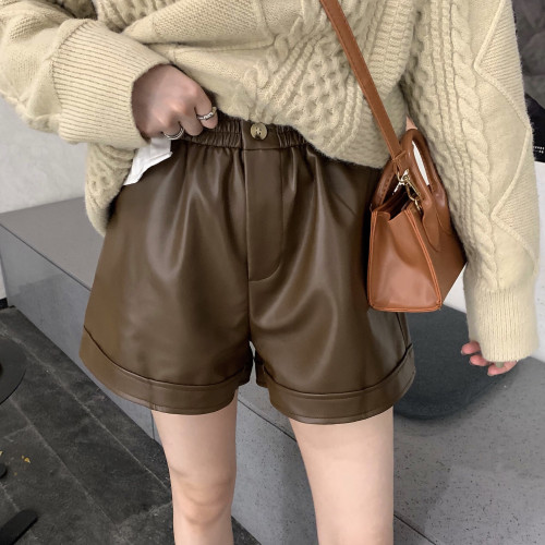 Real price autumn and winter PU leather loose and versatile shorts