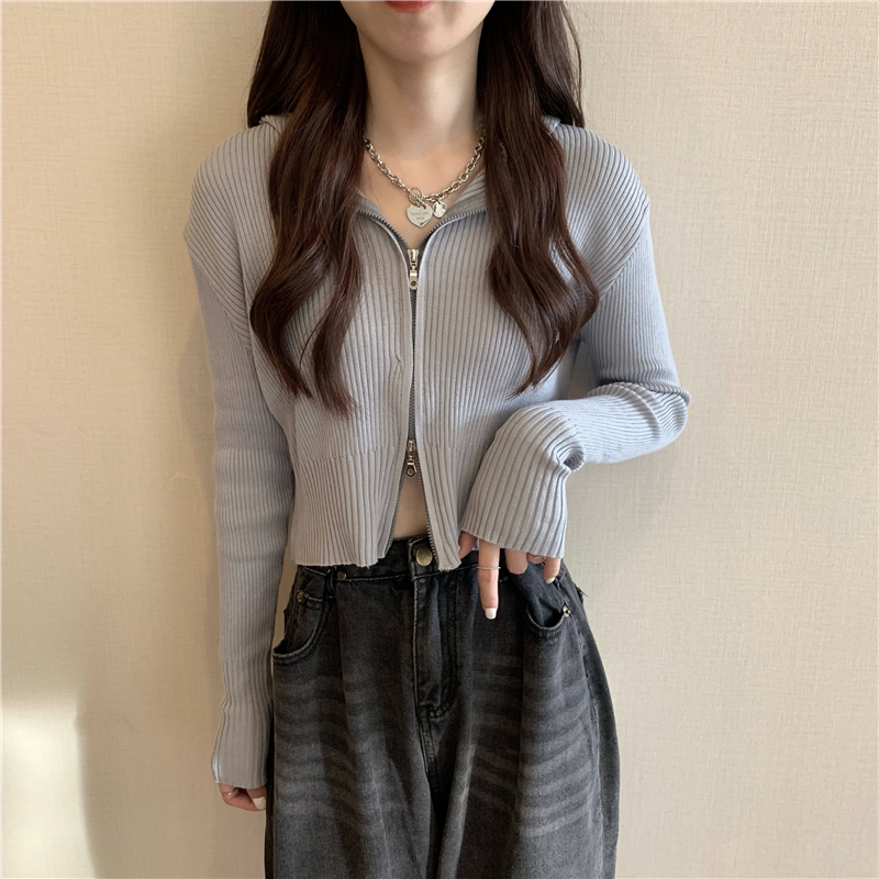 Real shooting and real price autumn new design sense hooded double zipper loose knitted cardigan coat