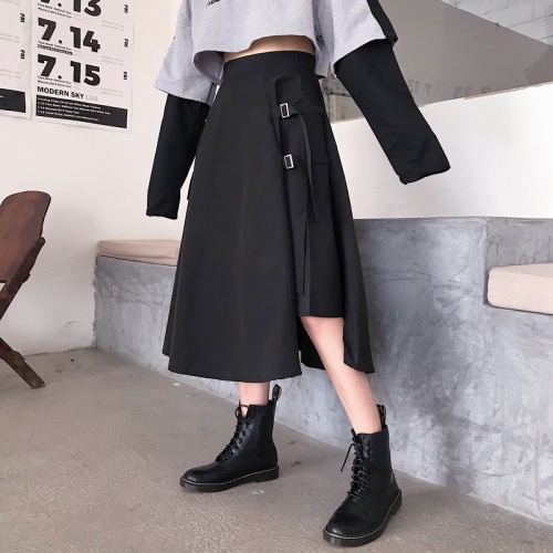 Real shot real price spring and Autumn New Korean high waist irregular solid color medium length skirt with half length