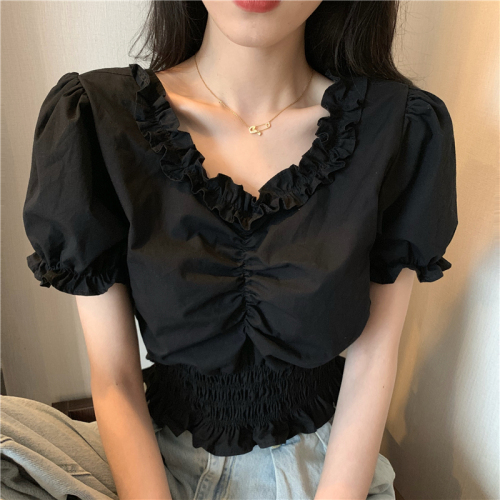 Real photo real price retro lace puff sleeve with Ruffle Top short waist shirt
