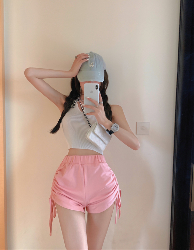 Real shot and real price sports shorts design feeling rope pulling hot pants high waist summer wide leg pants sexy bag arm casual pants