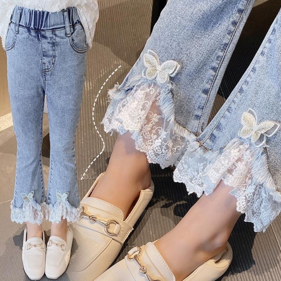 Girls' jeans summer 2021 new cropped pants flared pants girls' baby elastic thin pants slim fit soft jeans