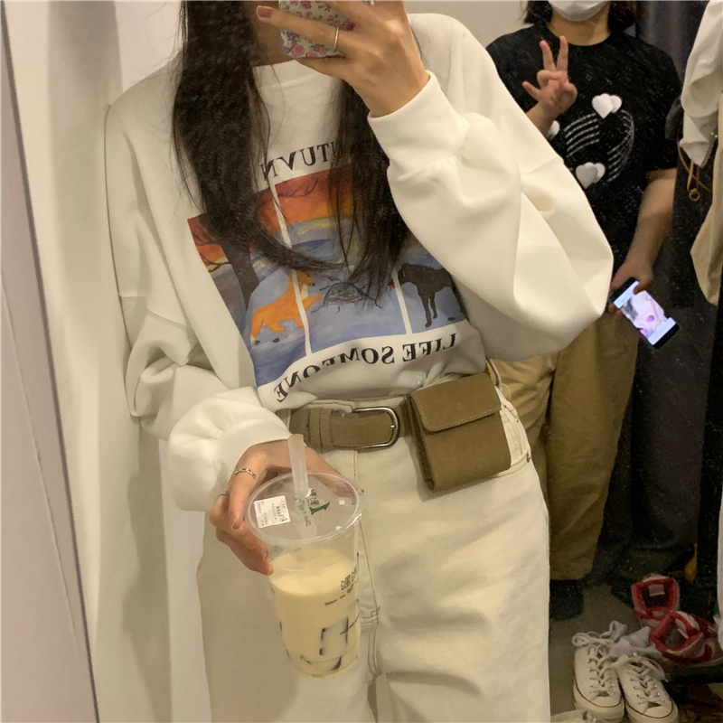 Real price ~ Korean chic fashion personalized printed top, versatile loose shoulder sweater