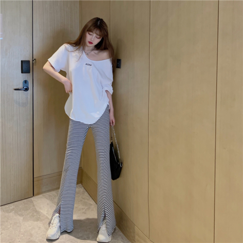 Real price swallow tail loose letter embroidered T-shirt + high waist slim striped knitted flared pants