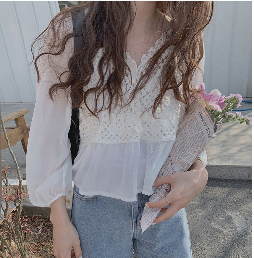 Korean version small fresh lace hook flower splicing Chiffon Long Sleeve Shirt sunscreen shirt