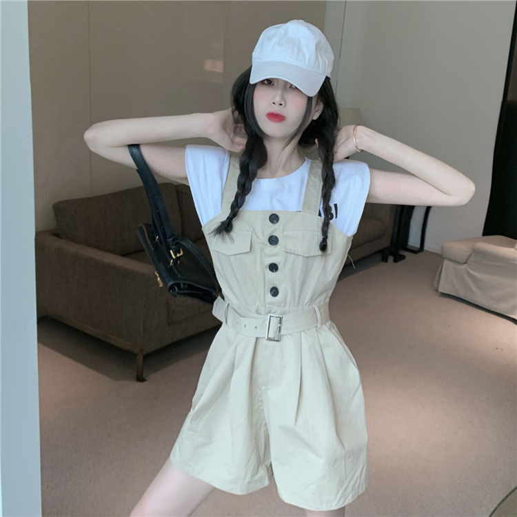 Real auction real price strap pants age reduction loose wide leg shorts Jumpsuit + versatile sleeveless printed t-jacket