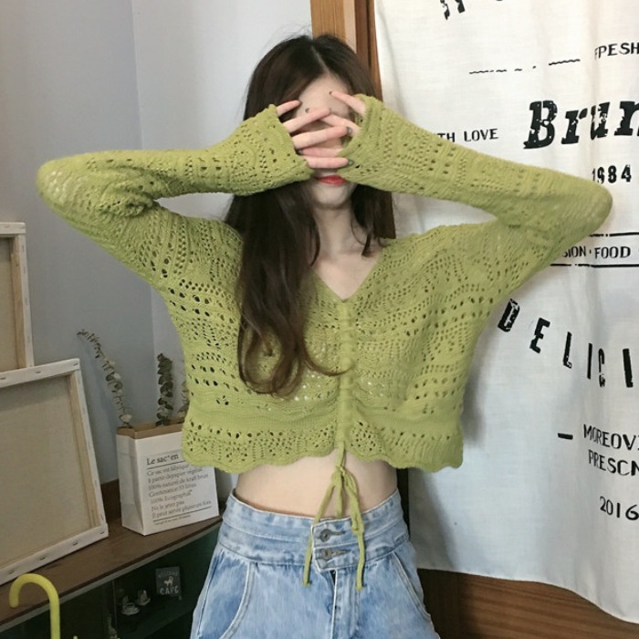 Spring and Autumn 2009 New V-neck Knitted Shirt Woman Korean Chic Lower-waist Hollow Lace Short Top Loose