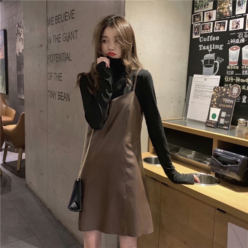 Real price! Light mature style versatile suspender skirt leather skirt high neck folding long sleeve bottoming shirt two-piece set