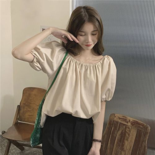 Real price! Korean off shoulder elastic one line collar top simple solid color bubble sleeve shirt