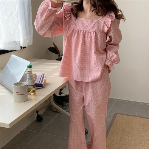 Real price Korean version ins small fresh fine grid girls' home clothes pajamas long sleeves Long Pants Set