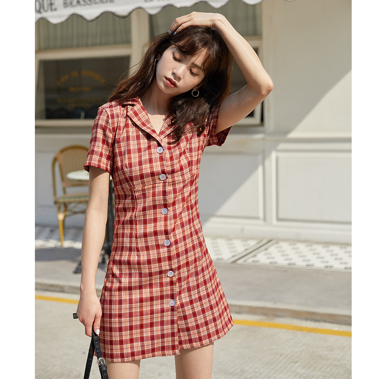 Real photo retro Plaid suit collar slim dress xiains fashion blogger French Girl Skirt