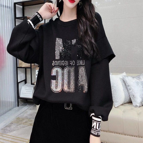 Official figure 2021 spring Ruffle long sleeved sweater women's loose diamond studded round neck