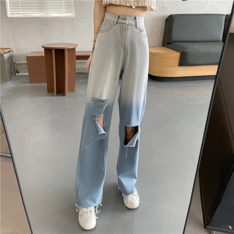 Real shot fashion 2021 spring and summer tapered straight jeans women's high waist loose beggars' perforated pants