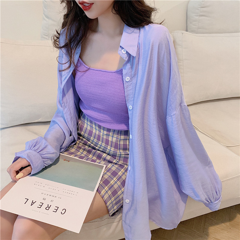 Real photo, real price, Korean purple shirt, women's design sense, small crowd, thin sun proof shirt, shirt and coat