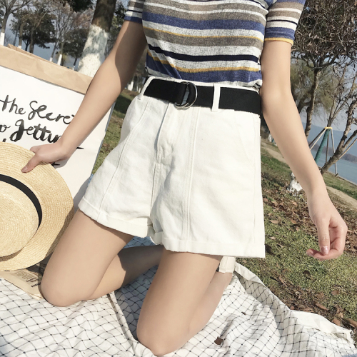 Actual photos of spring and summer belts ~high waist show thin curly Jeans Shorts loose leisure hot pants