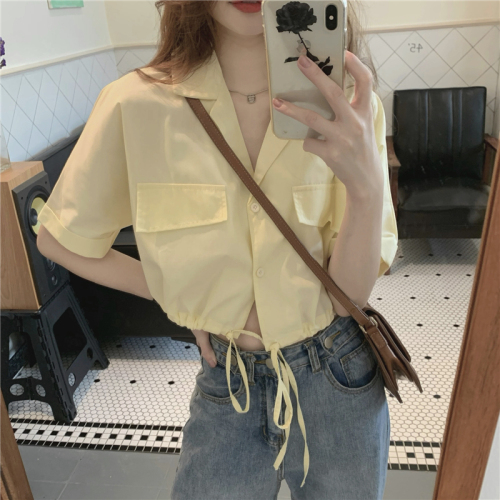 Real price! Light yellow Lapel short pleated shirt women's Korean V-neck small fresh shirt
