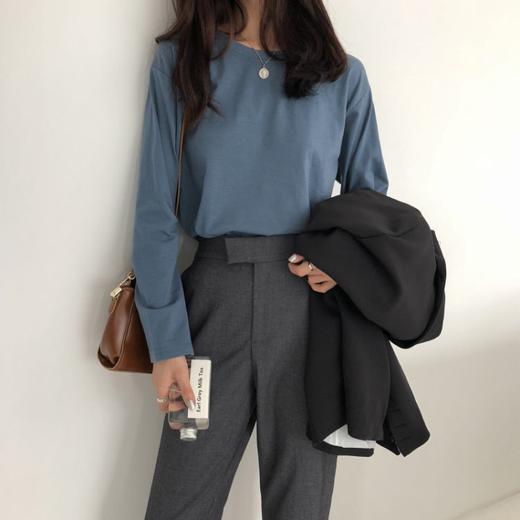 Autumn haze Blue Long Sleeve T-shirt for female students Korean version loose original night style