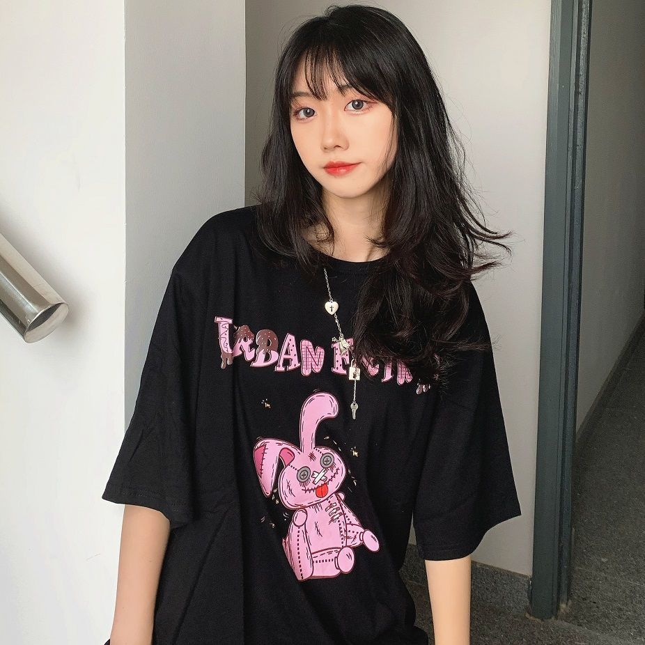 2021 summer T-shirt girl short sleeve student lazy print medium long T-shirt girl