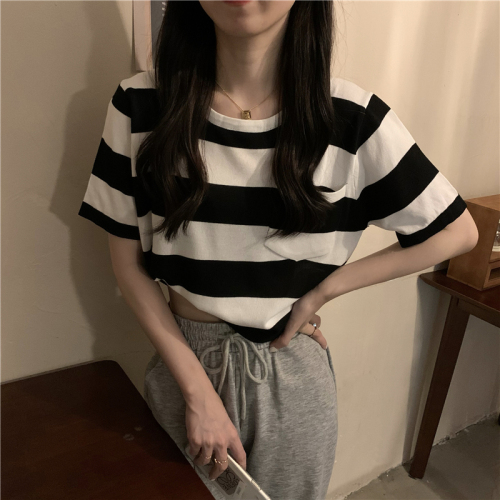 Real price Korean summer versatile stripe loose short sleeve knitted T-shirt