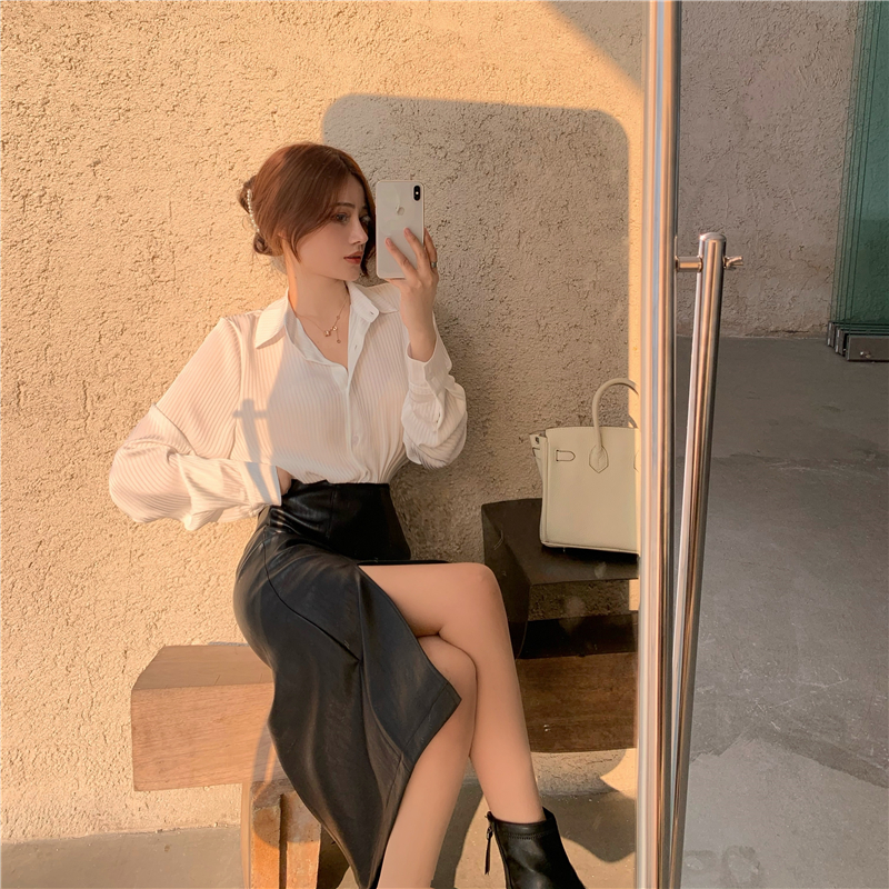Real price simple Pinstripe long sleeve slim shirt + PU leather a-bag hip skirt medium long split skirt