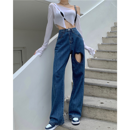 Real price! Ins fashionable love hole wide leg pants vertical fashion floor dragging jeans women