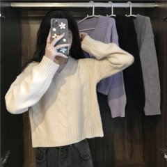 Real price real shot twist sweater loose wear thick V-neck Pullover lazy style knitted top for women