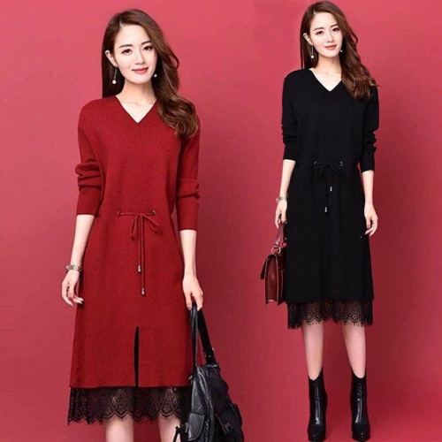 2021 autumn and winter new wool dress long knee length long sleeve knitted bottomed shirt thin lace dress women