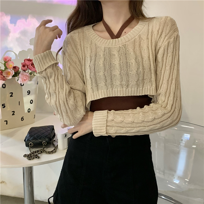 Real price early autumn lazy wind twist long sleeve knitted thin blouse + unique design hanging neck vest