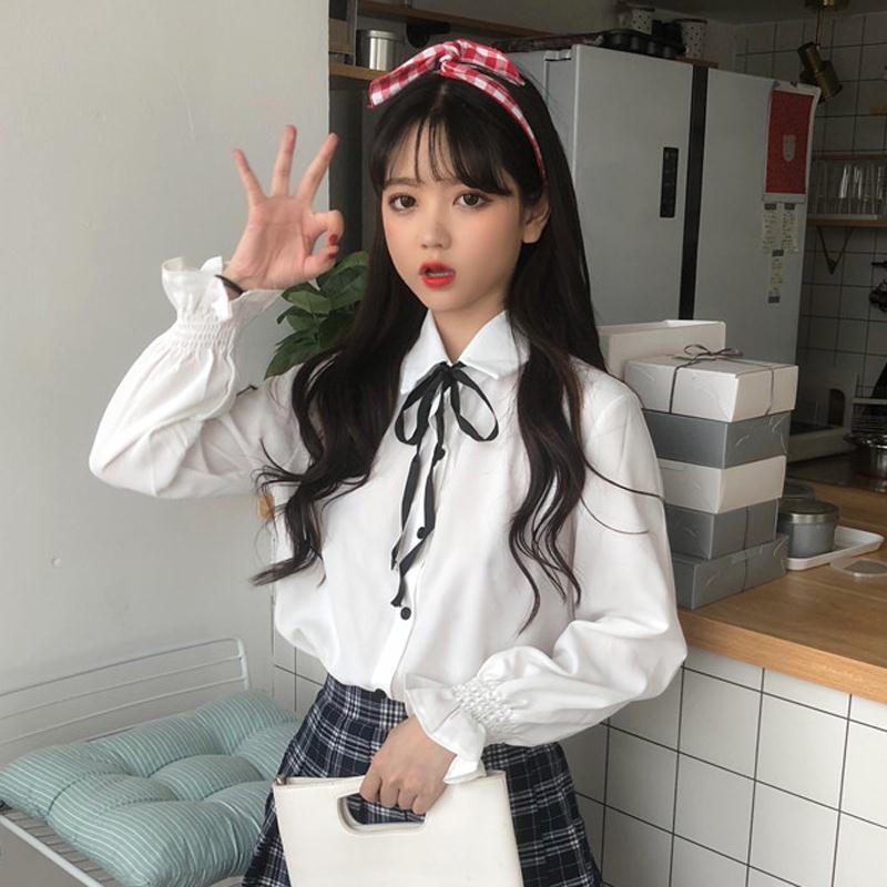 Autumn new women's dress Korean small fresh solid color versatile top bow tie tie shirt student long sleeve shirt