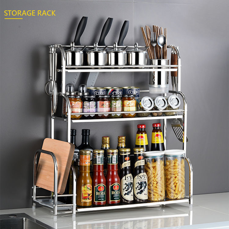 Kitchen shelf stainless steel floor multi-layer seasoning rack knife rack multi-function storage rack supplies wall hanging