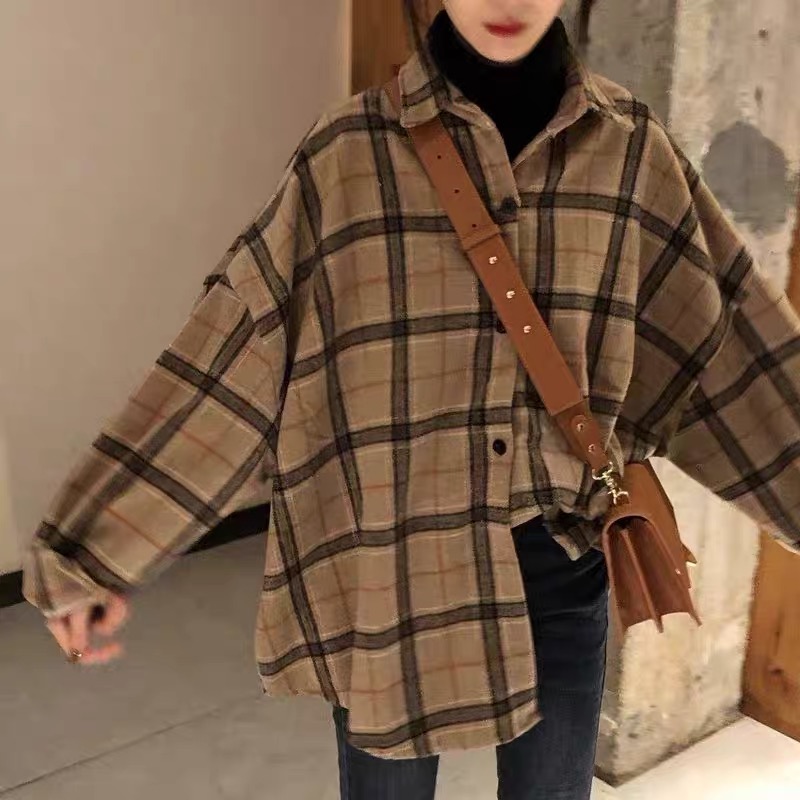 New 2020 Long Sleeve Plaid Shirt women's autumn and winter loose Korean version of retro Hong Kong style design