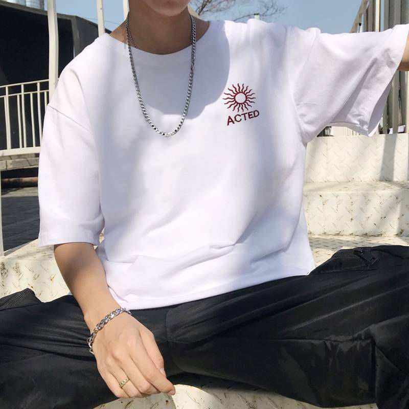 Summer men's white short sleeve T-shirt male students Korean version of literature and art male youth trend loose printed clothes man