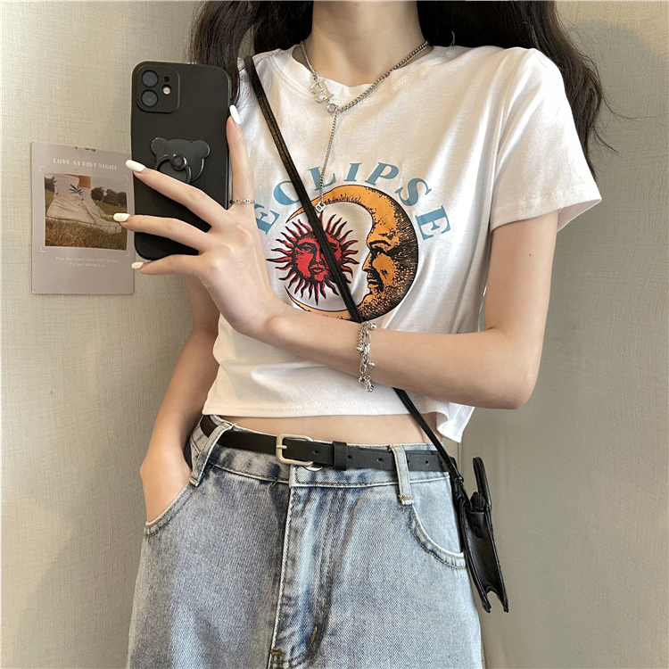 Real price real shooting summer Korean ins printing loose short careful machine short sleeve navel top fashion