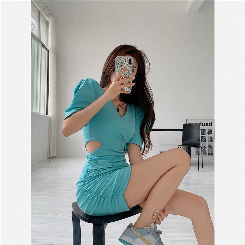 Real price! Air V-neck buttock skirt sexy trick open waist pleated Short Sleeve Dress