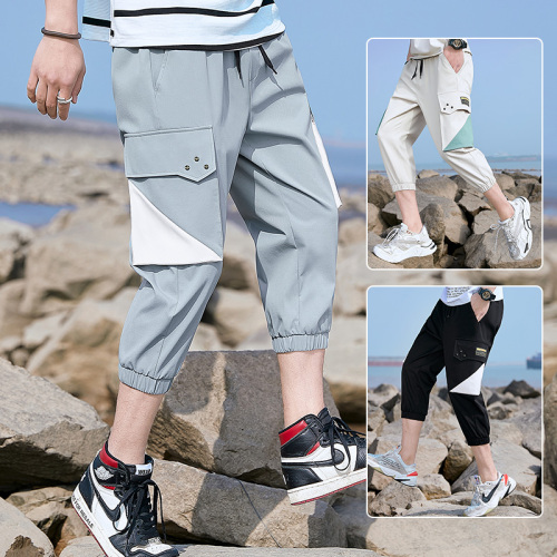 Summer casual shorts men's tooling cigarette pipe Capris Capris leg closing big pocket beach pants grey