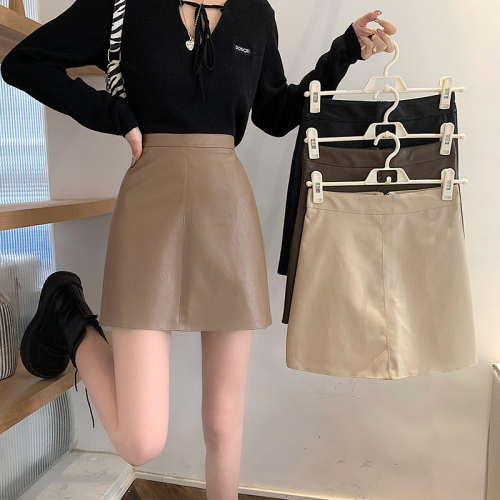 Real price fashion high waist A-line skirt PU leather skirt thin loose hip wrap skirt