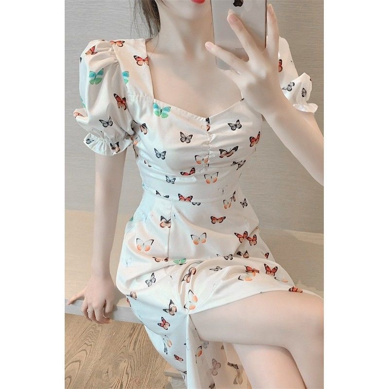 Autumn new style square collar slim dress children's French picnic tea break short skirt print dress