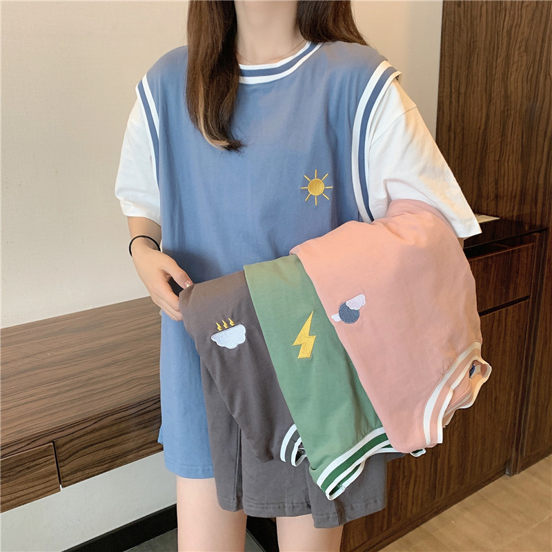 Real summer 2021 new Korean fake two short sleeve t-shirts
