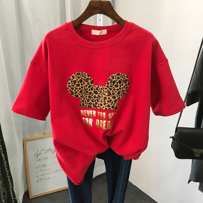 Print 2021 spring and summer Mickey leopard short sleeve T-shirt women's fashion loose Korean cartoon versatile top fashion
