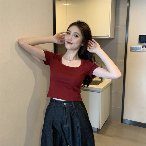 Real price summer new Korean T-shirt women's short sleeve solid color short open navel top