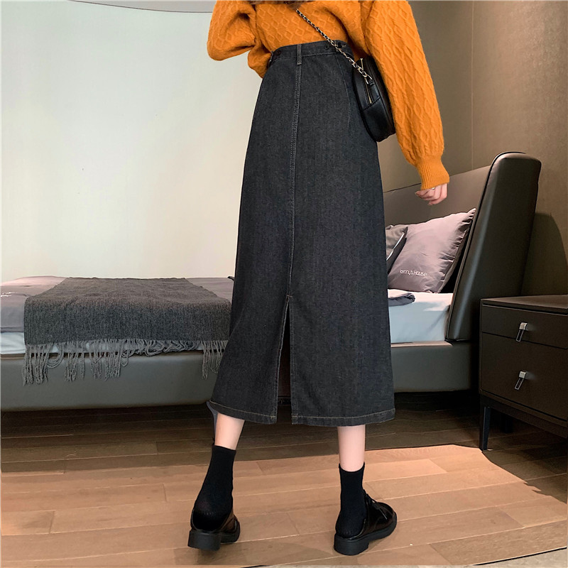 Real price retro Hong Kong flavor medium and long high waist skirt is thin, split hip denim skirt, female