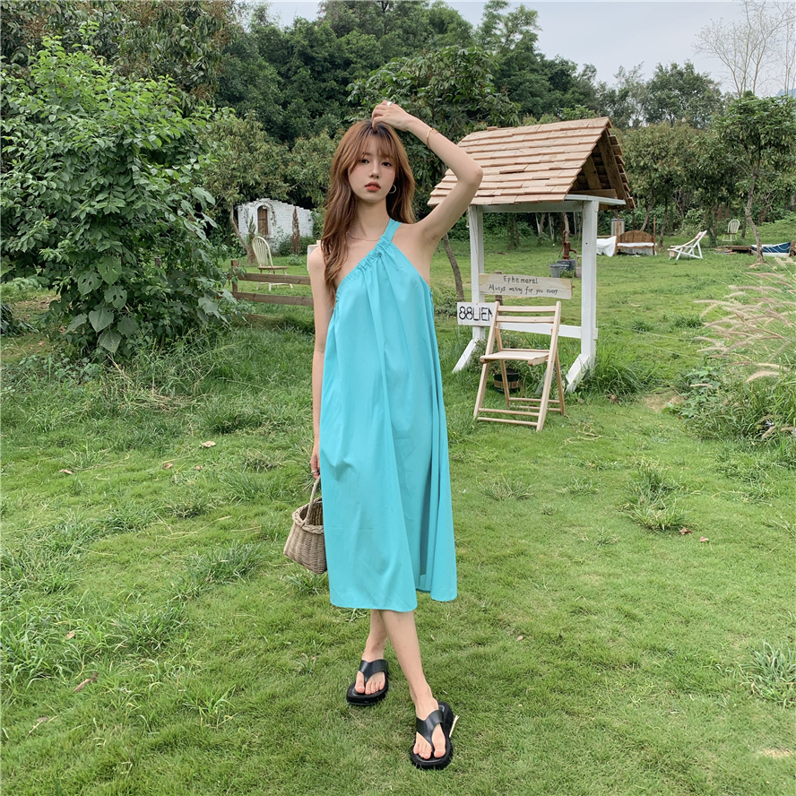 Real price beach skirt super fairy temperament bandage open back long skirt seaside holiday blue dress