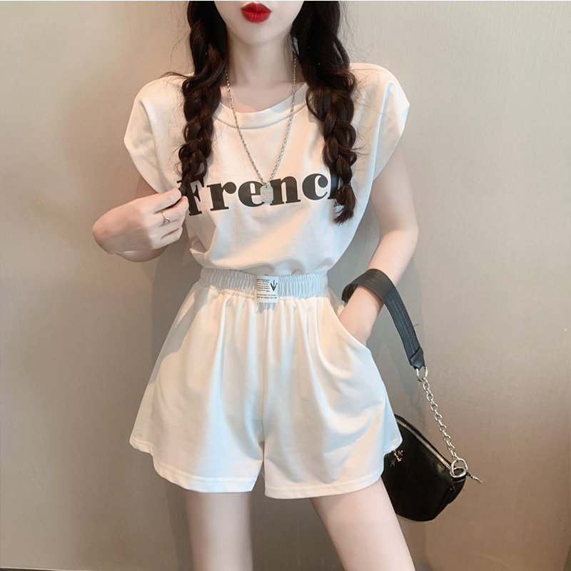 Pullover cotton fashion suit women's summer open back short sleeve T-shirt two piece sports shorts