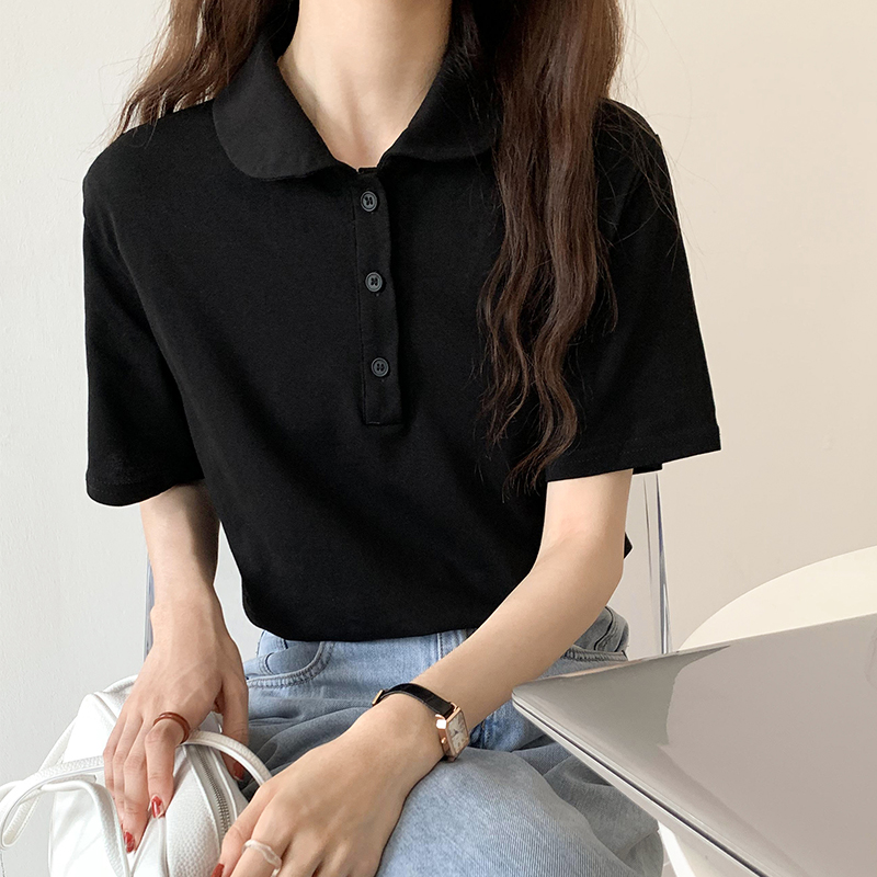 Real shot of Hong Kong style pure color student's foreign style age reduction pure color versatile Short Sleeve Polo Shirt Short Sleeve T-Shirt female