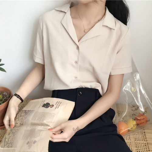 Summer new Korean fan retro gentle style pure color versatile Chiffon Top chic Korean Short Sleeve Shirt female student