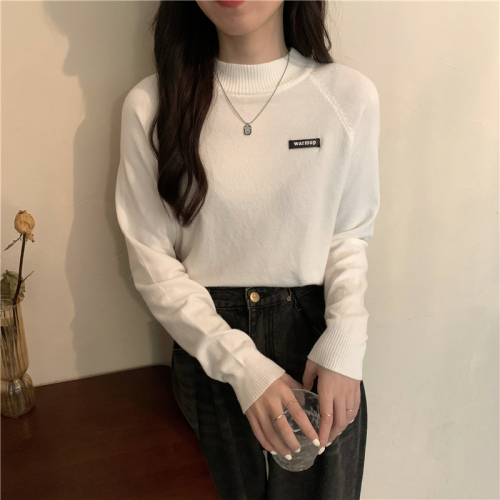 Real shot real price autumn slim half high collar long sleeve solid color short versatile Knitted Top
