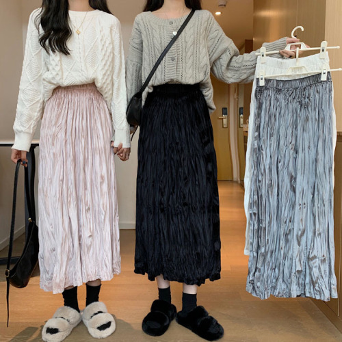Real price ~ autumn new velvet medium and long pleated skirt ins Korean high waist slim skirt women